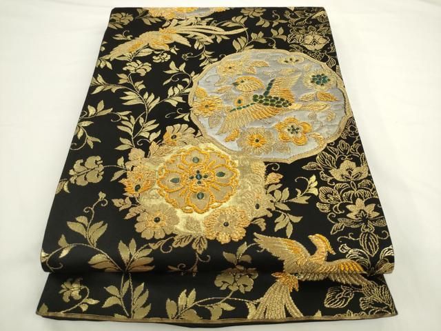 平和屋着物●六通柄袋帯　花鳥文　黒地　金糸　正絹　逸品　AABL2189pf 43,680円