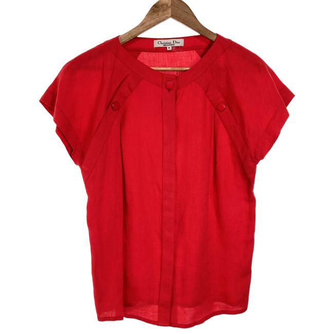 【中古】　Christian Dior　プレーンシャツ　半袖　トップス　ノーカラー　無地　古着　/4384