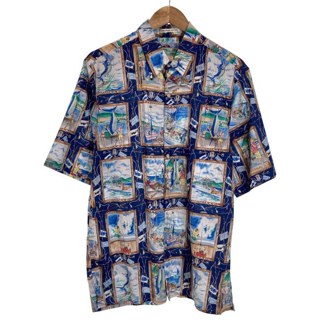 【中古】　reyn spooner　アロハシャツ　80s vintage　80年代　OLD　半袖　トップス　ボタンダウン　胸ポケット　総柄　ハワイ製　古着　/7034