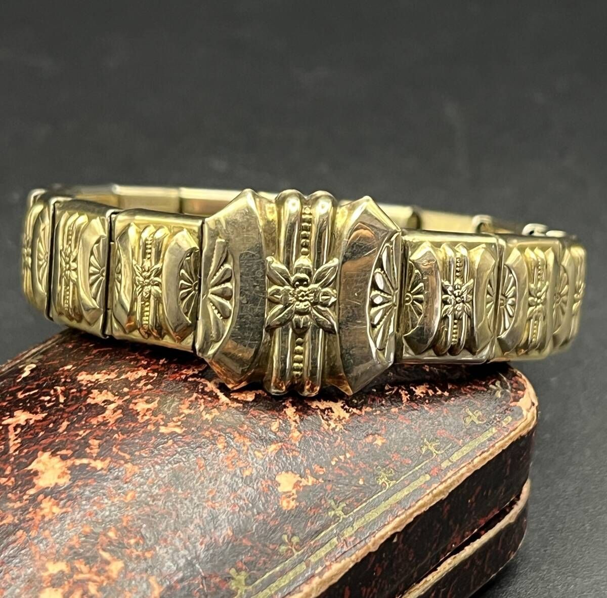 Amcraft社製 フローラル 彫金 アールデコ 925 シルバー ヴィンテージ ブレスレット 銀 K10ゴールド 金張り 蛇腹 レトロ Y27-Z 26,182円