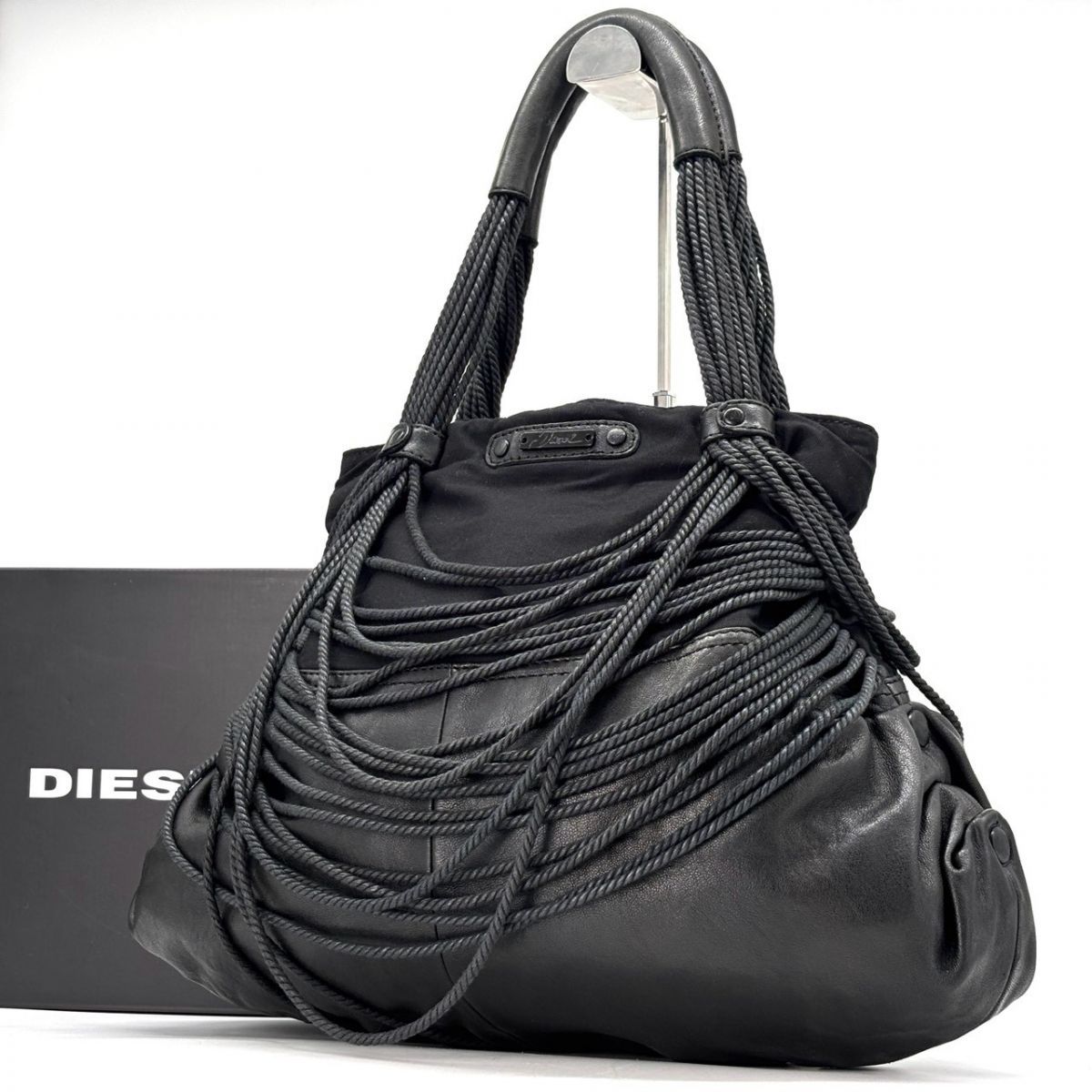 DIESEL Archive Y2K Black Rope Tote Bag Leather Nylon Shoulder Bag Rare Design