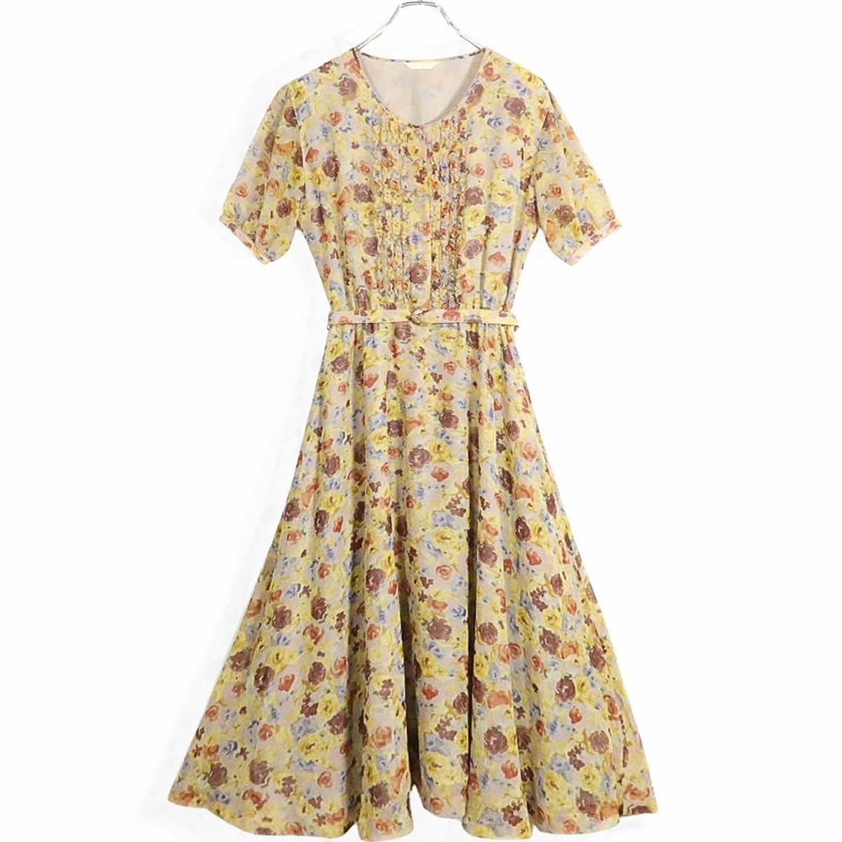 カネコイサオ★ふんわりシフォンワンピース フリル付き♪花柄 シアー感♪ベージュ系ミックス＊z13491