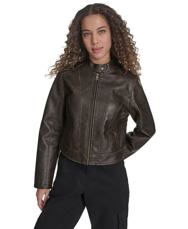 リーバイス レディース アウター ジャケット・ブルゾン レザー フェイクレザー ジャケット Levis Womens Faux Leather Racer Jacket Brown ブラウン