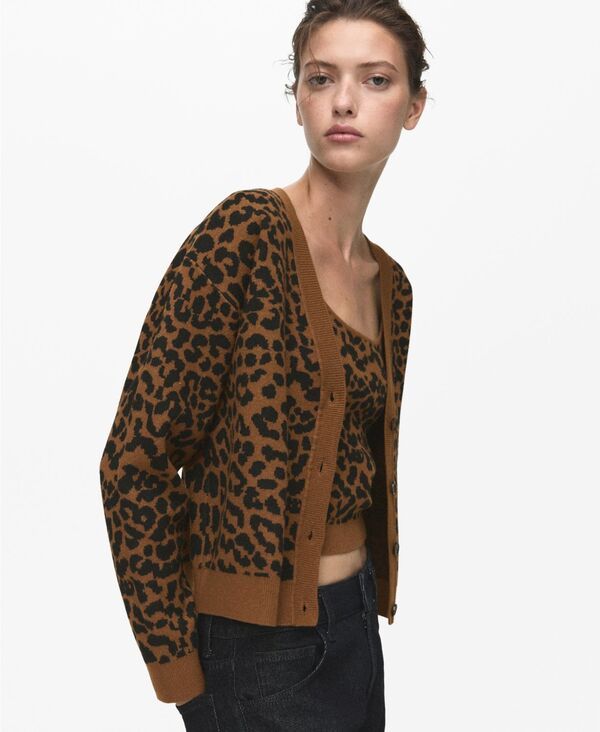 マンゴ レディース アウター ニット・セーター カーディガン ニット MANGO Womens Leopard Knit Cardigan Medium Brown ブラウン
