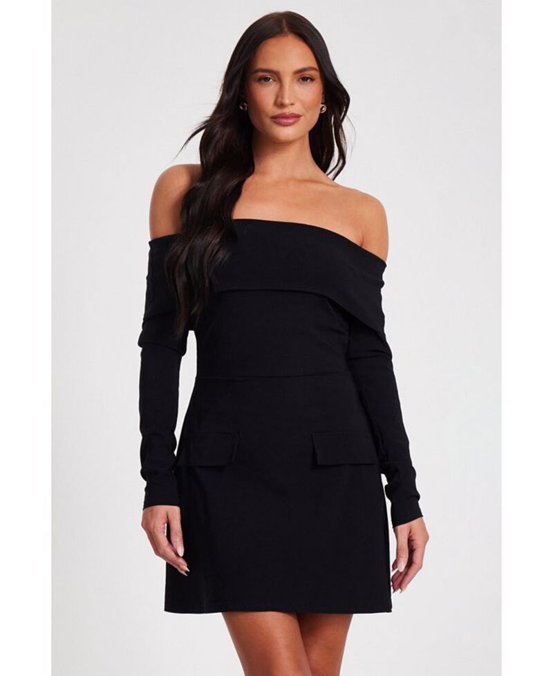 クイズ レディース トップス ワンピース ミニワンピース ミニ QUIZ Womens Long Sleeve Bengaline Mini Dress Black ブラック