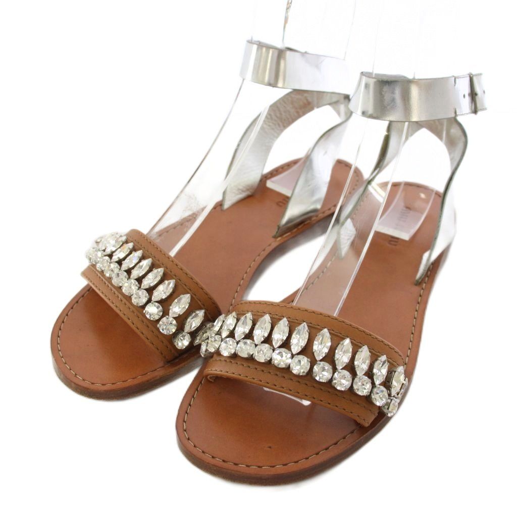 ミュウミュウ miumiu サンダル ストラップ レザー ビジュー 36.5 シルバー /TK ■GY62