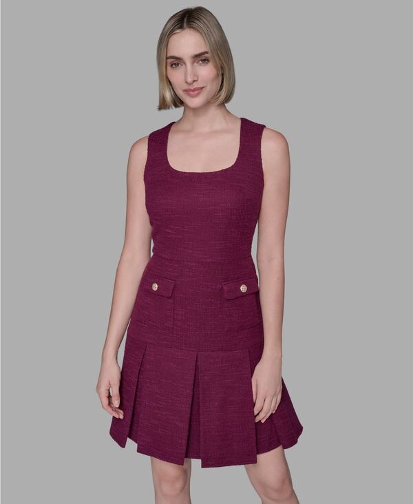 カール ラガーフェルド レディース トップス ワンピース ツイード ニット KARL LAGERFELD PARIS Womens Knit Tweed Shift Dress Wine ワイン