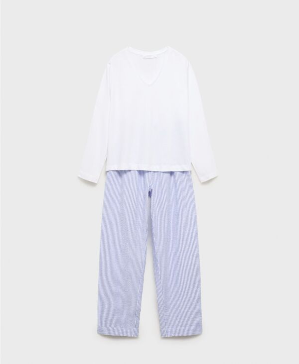 マンゴ レディース アンダーウェア ナイトウェア MANGO Womens 2Piece Seersucker Striped Pajamas China Blue ブルー