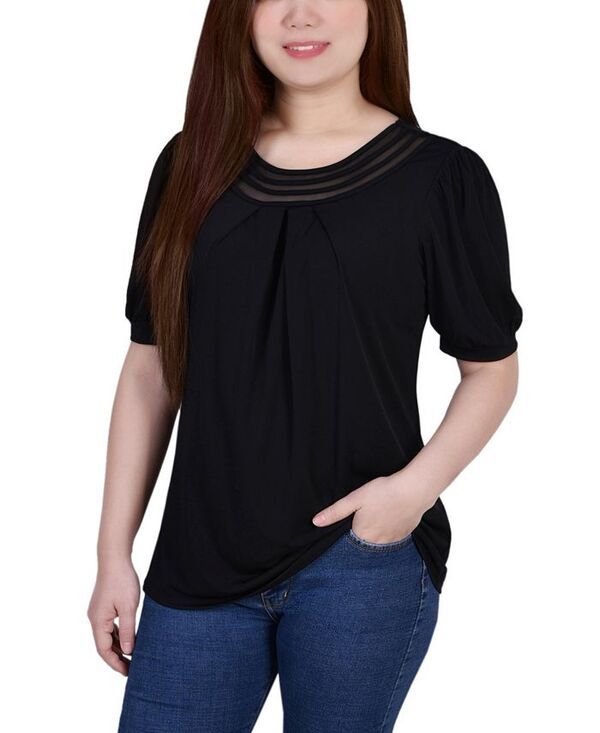 ニューヨークコレクション レディース トップス シャツ プチ メッシュ NY Collection Petite Short Puff Sleeve Mesh Inset Top Black ブラック