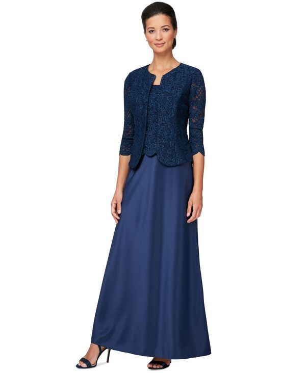 アレックスイブニングス レディース トップス ワンピース レース ジャケット Alex Evenings Lace Jacket LaceTop Gownavy Blue ネイビー