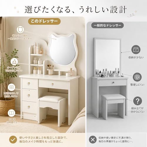 ドレッサー化粧台 鏡台 スツール付き コンパクト メイク台 大容量収納