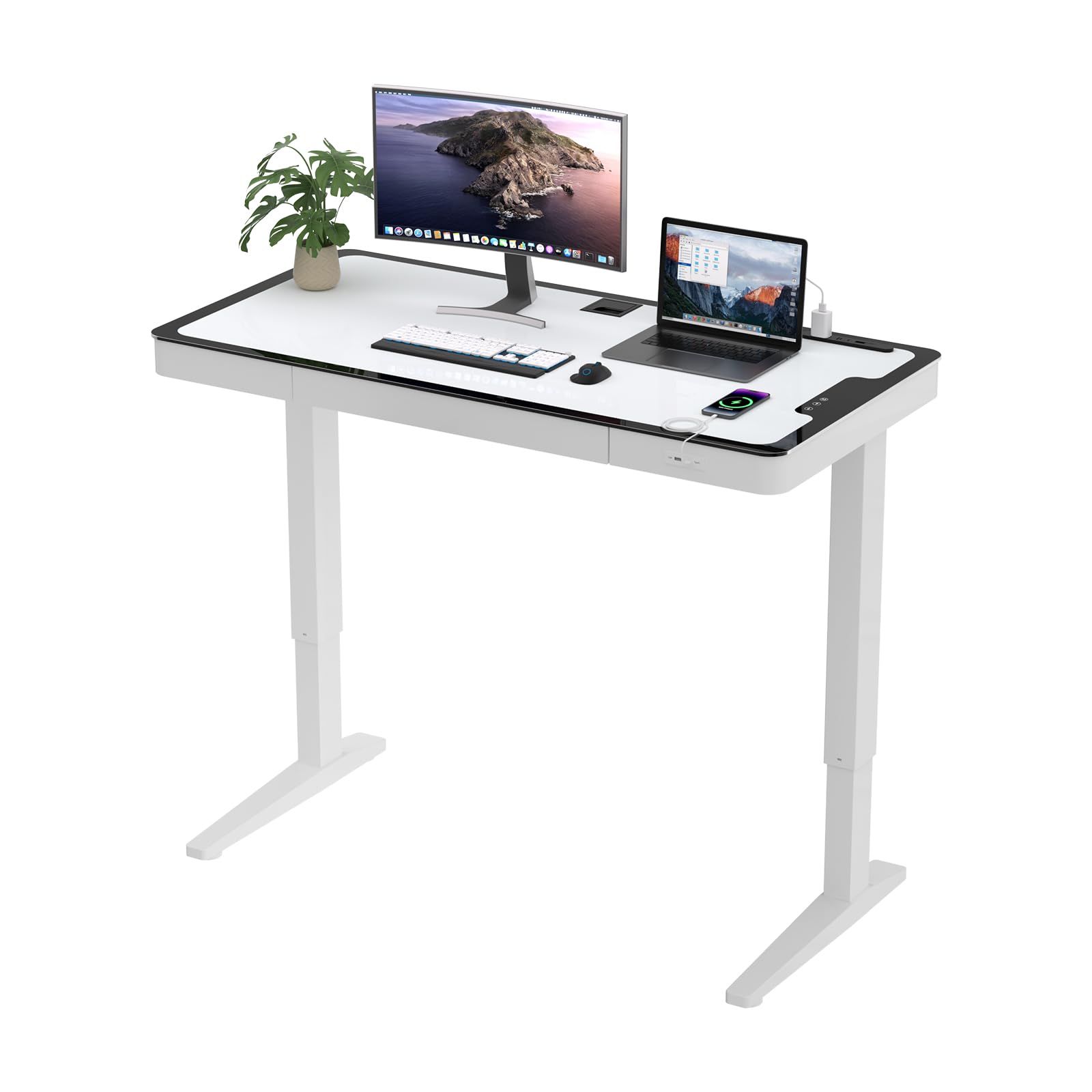 電動昇降デスク 強化ガラス天板 コンセント/USB-A/Type-C/引出し付き 幅120cm 奥行60cm 高さ調節 73-118CM パソコンデスク 2つモーター 耐荷重100? 上下昇降 スタンディングデスク 異物検知 在宅ワーク テーブル おしゃれｍａ