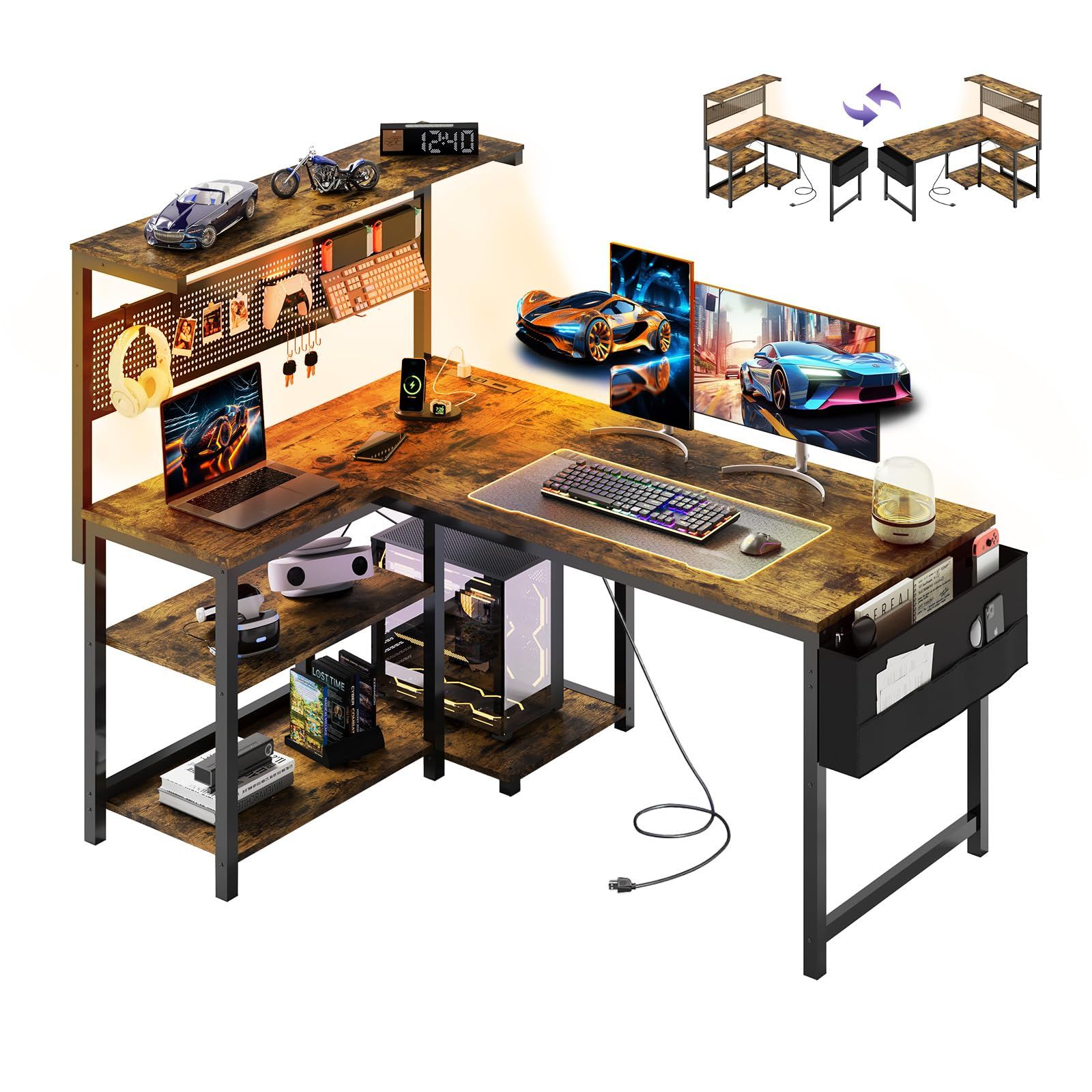 YOUDENOVA ゲーミングデスク L字デスク パソコンデスク 幅120cm ペグボード付き LEDライト 電源コンセント/USBポート付き 左右入れ替え可能 収納ラック/サイドポケット付き PCデスク オフィスデスク ワークデスク 勉強机 在宅勤務 省ｍａ