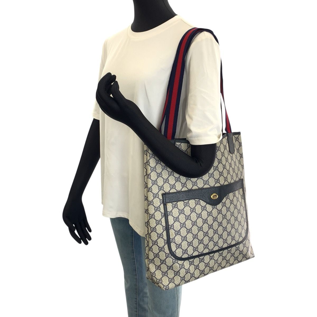 美品✨　グッチ　トートバッグ　アクセコ　シェリーライン　GGスプリーム　紺 美品 GUCCI グッチ オールドグッチ シェリーライン ネイビー レッド GG