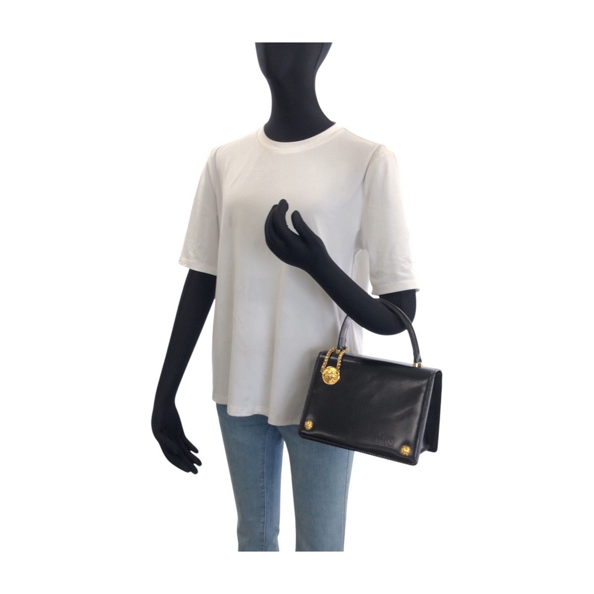 美品 VERSACE サンバースト レザー　黒 ゴールド 金具 ハンドバッグ 美品 VERSACE ヴェルサーチ サンバースト ブラック 黒 ゴールド金具