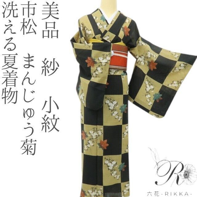 六花-RIKKA- 美品 洗える夏着物 紗 市松 まんじゅう菊❀和製ポップに先取る、秋の紅葉❀小紋 着物 A5718