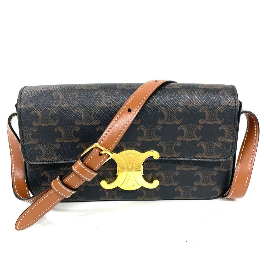 セリーヌ CELINE クロード トリオンフ ショルダーバッグ コーティングキャンバス レザー ブラウン ゴールド金具【中古】 109,000円