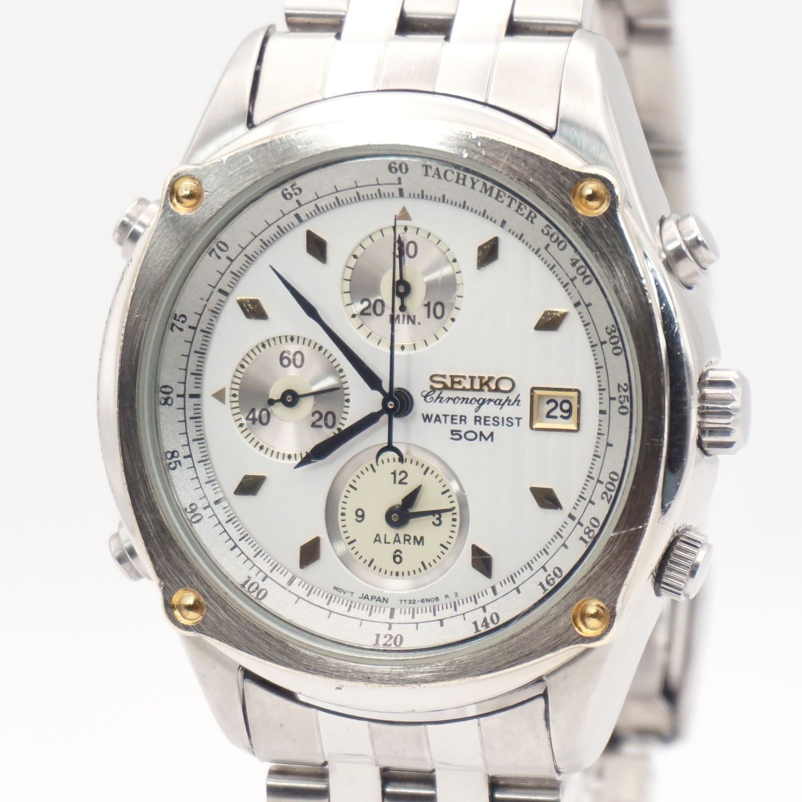 SEIKO 7T32-6J50 クロノグラフ アラーム ホワイト文字盤 新品電池交換済 1988年6月製 クォーツ メンズ 腕時計 純正ブレス 稼働品