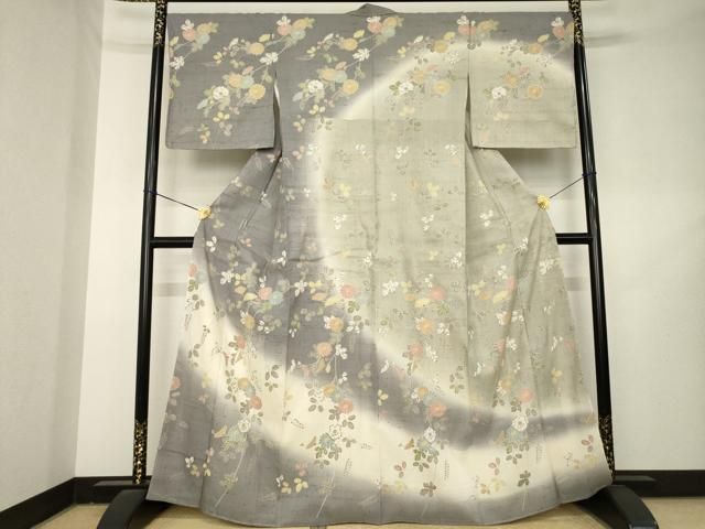 平和屋着物●染織の名門　しょうざん 生紬　訪問着　草花文　暈し染め　金彩　正絹　逸品　AABL2105ck