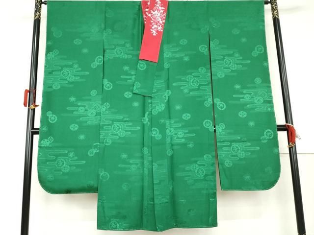 平和屋着物●振袖用長襦袢　無双仕立て　エ霞絵皿地紋　常磐色地　正絹　逸品　AABL1199cs 16,848円