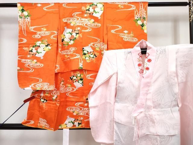 平和屋着物[]七五三　女の子　３歳　祝着　三つ身　長襦袢(無双仕立て・半衿刺繍)セット　流水扇面花文　金彩　逸品　DABG3263ma