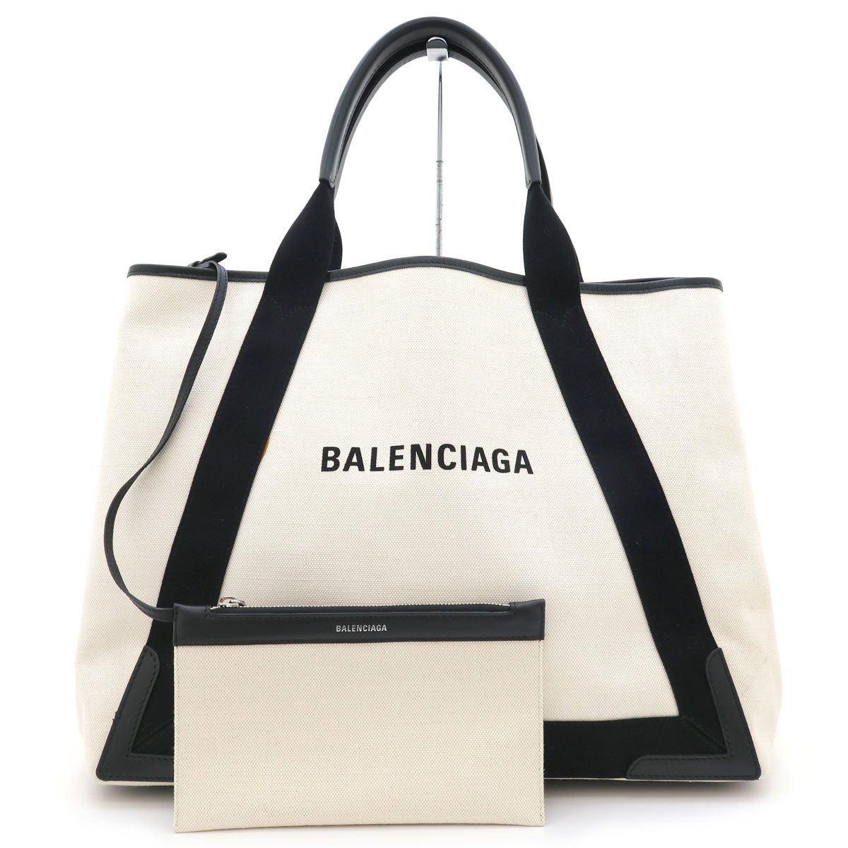【 美品 】BALENCIAGA バレンシアガ トートバッグ NAVY ネイビーカバス M ポーチ付 339936 ホワイト ブラック キャンバス レザー メンズ レディース 大容量 A4対応 通勤 通学