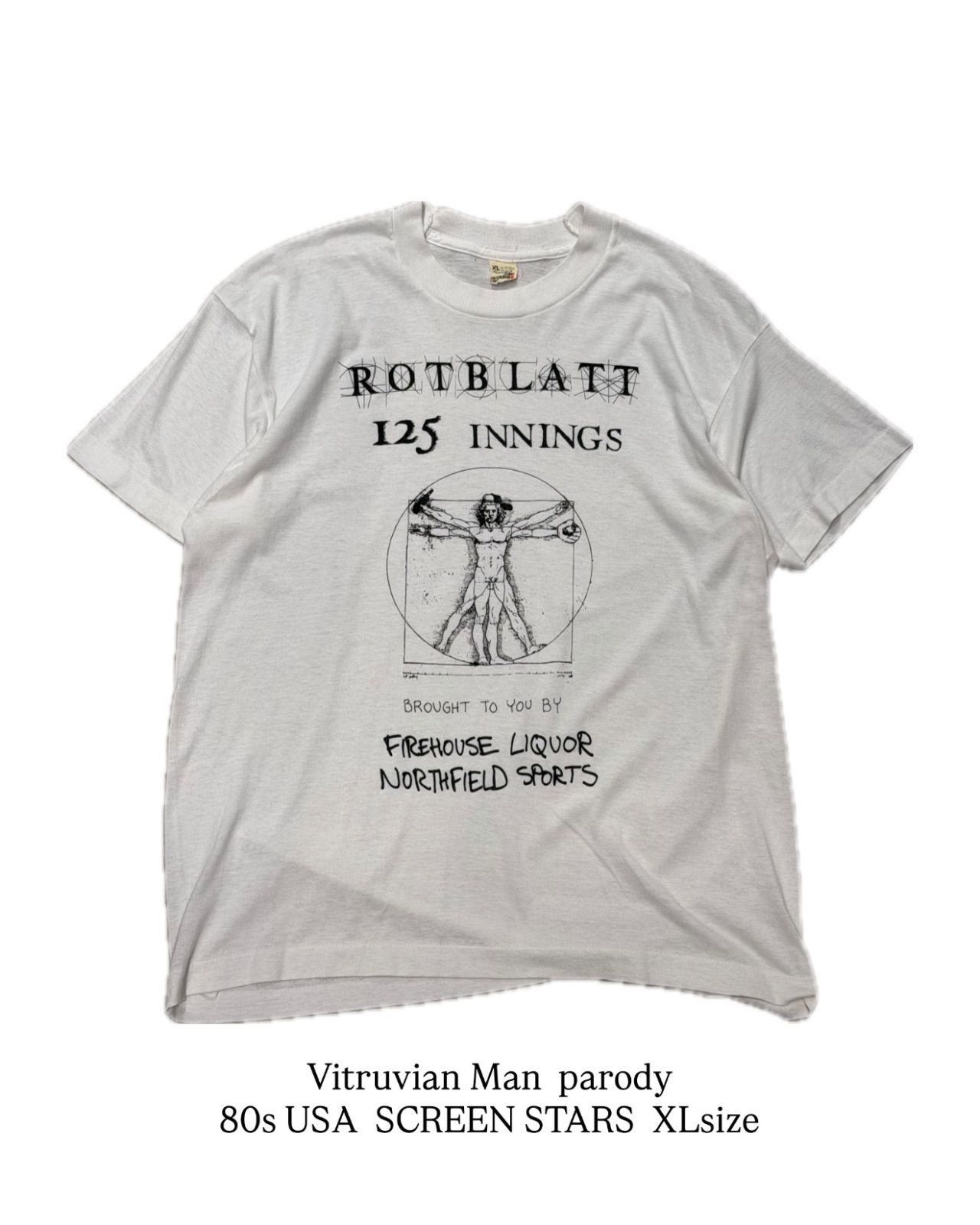 【 1980s USA 】Vitruvian Man Parody　S/S T-Shirt　SCREEN STARS　 レオナルド・ダ・ヴィンチ　ウィトルウィウス的人体図　パロディ　 ROTBLATT　ロットブラット　カレッジ　Tシャツ　シングルステッチ