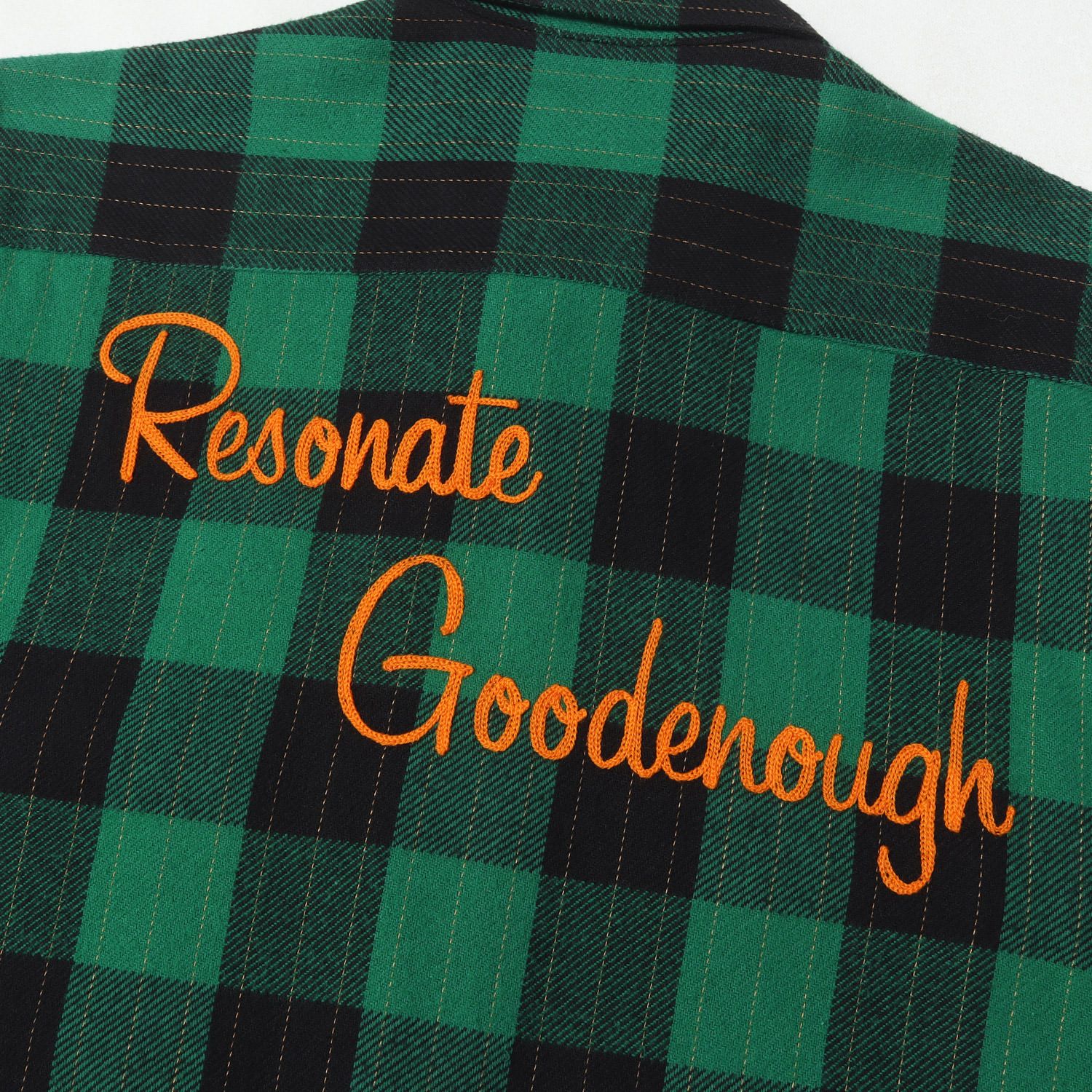 RESONATE GOODENOUGH リゾネイト グッドイナフ シャツ グリーン ブラック サイズ:L チェーン刺繍ロゴ バッファローチェック フランネルシャツ トップス カジュアルシャツ 長袖【メンズ】【中古】 RESONATE GOODENOUGH リゾネイト グッドイナフ シャツ グリーン