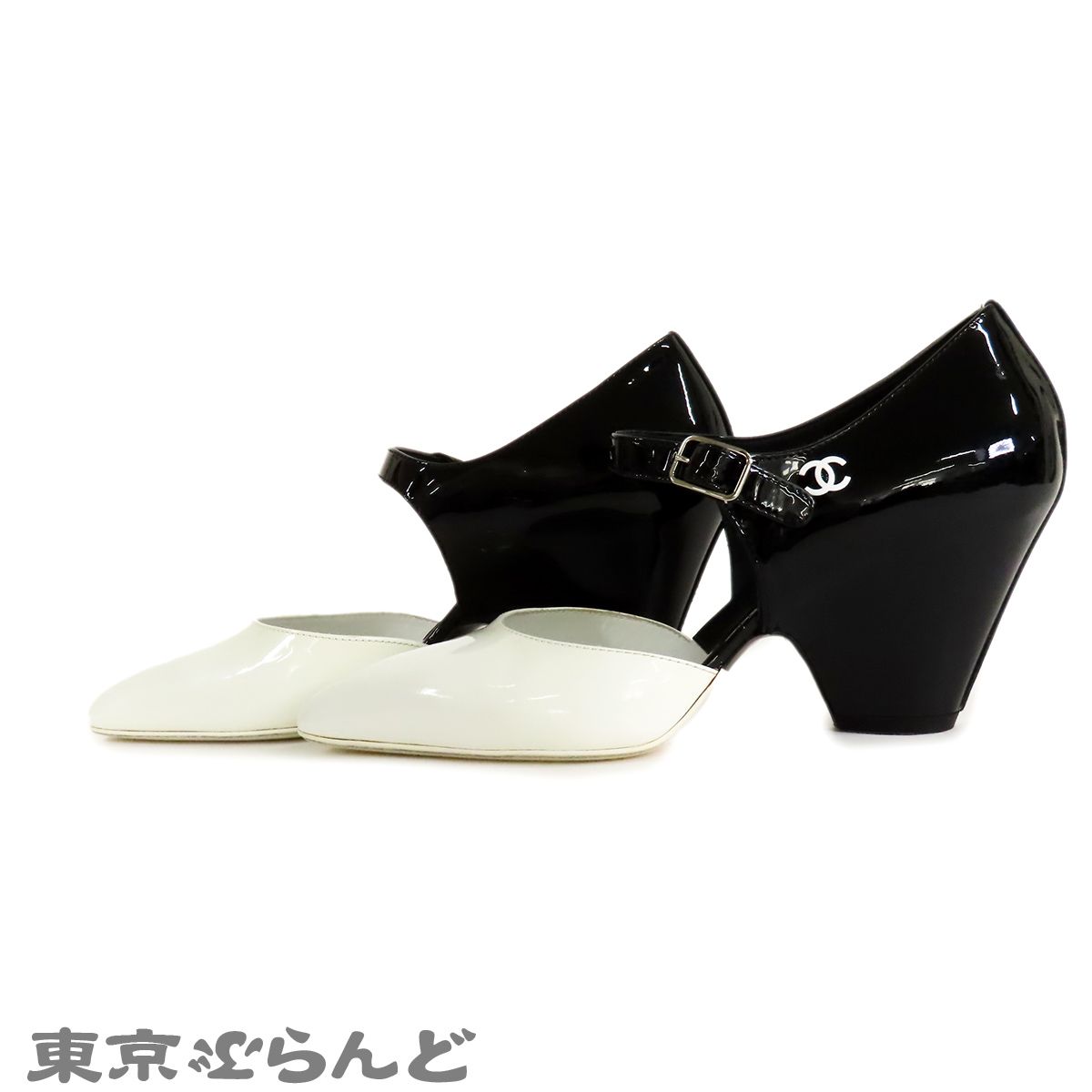 CHANEL パテントレザー ストラップパンプス 24.5cm相当 ブラック シャネル CHANEL ストラップ パンプス ホワイトxブラック パテント