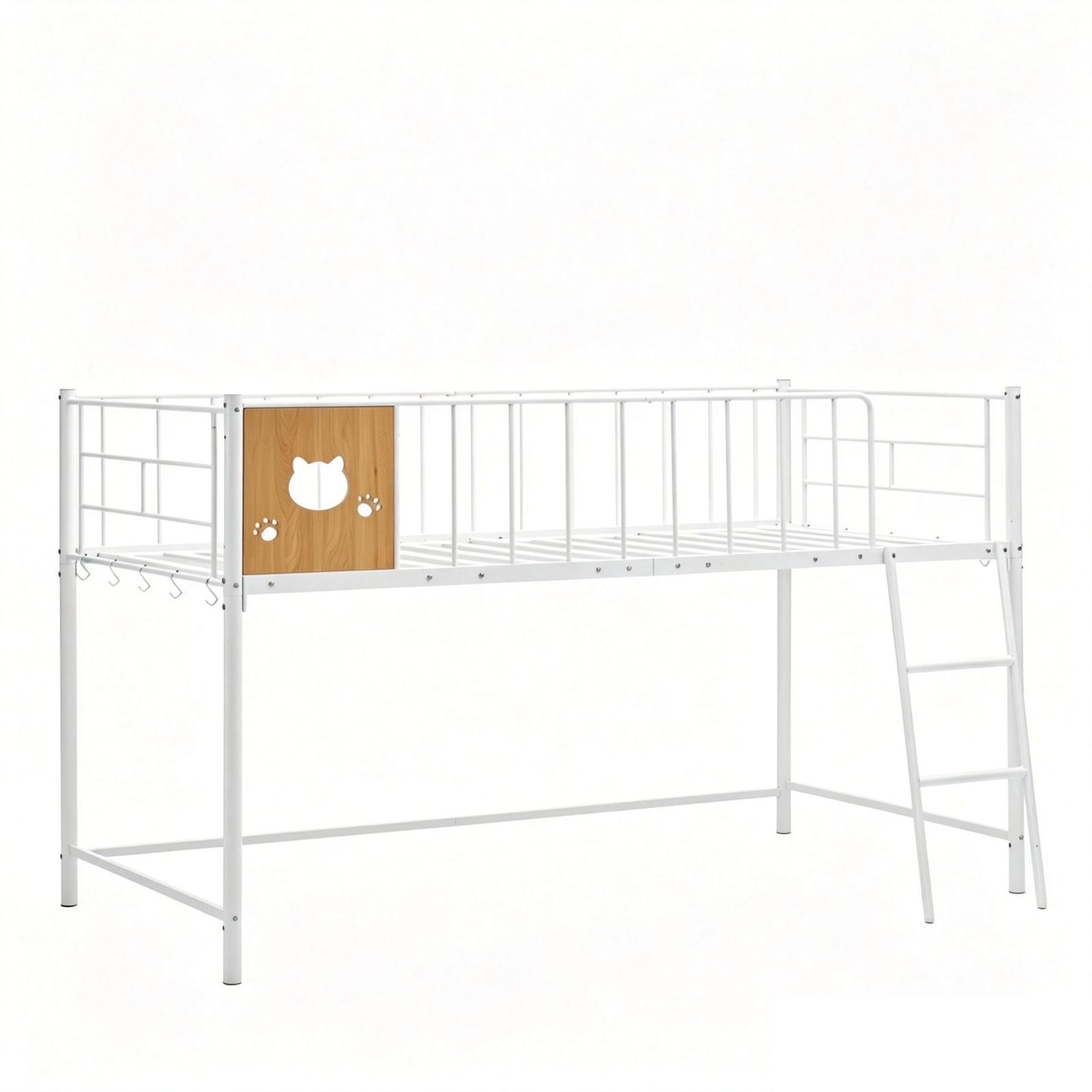 【8月1日再入荷予定】【猫形】ロフトベッド パイプベッド シングル ベッド シングルベッド ロータイプ 斜めハシゴ ロフトベッドロータイプ 木 収納 北欧風 おしゃれ 子供部屋 スチール 耐震 ベッド 可愛い プレゼント キャットデザイン組立品 【ホワイト】