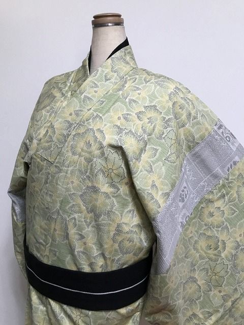 【中古】3Lサイズ 紬 男物 正絹 リメイクシリーズ グリーン地に枝花文様【福服特製】