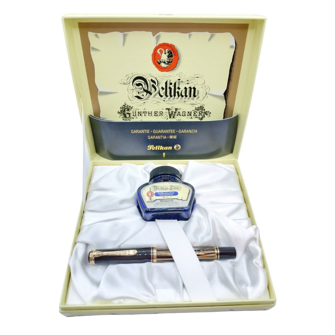 Pelikan　ペリカン　 万年筆 ペン先14C-585M 　筆記確認済み　k14　GV300 ドイツ製　黒　茶縞　吸入式　インク箱付きセット　J2316-2