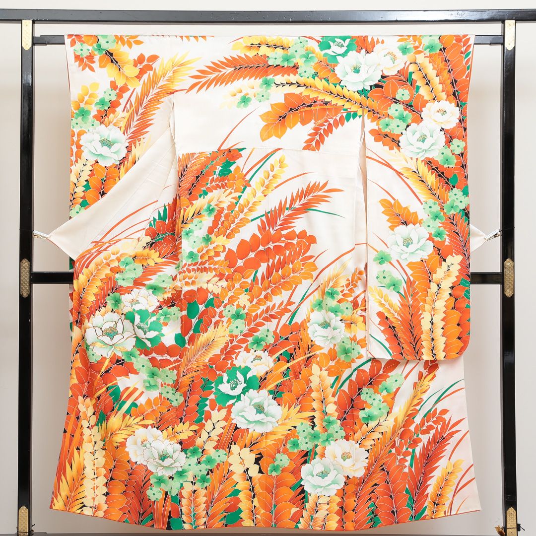 アンティーク 振袖 袷 身丈151cm 裄丈63cm 正絹 Bランク 広衿 Sサイズ 花柄 白系 RP 1215-06313