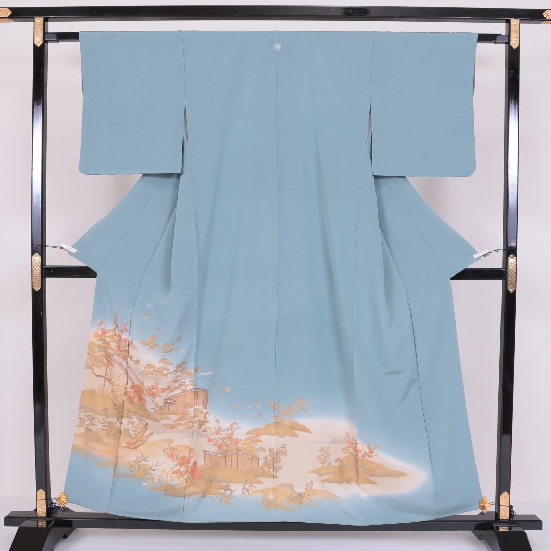 色留袖 袷 身丈155cm 裄丈62cm 正絹 Sランク 一つ紋 (丸に五三桐) セミフォーマル 広衿 Mサイズ 船 松竹梅 水色系 RP 1214-06369
