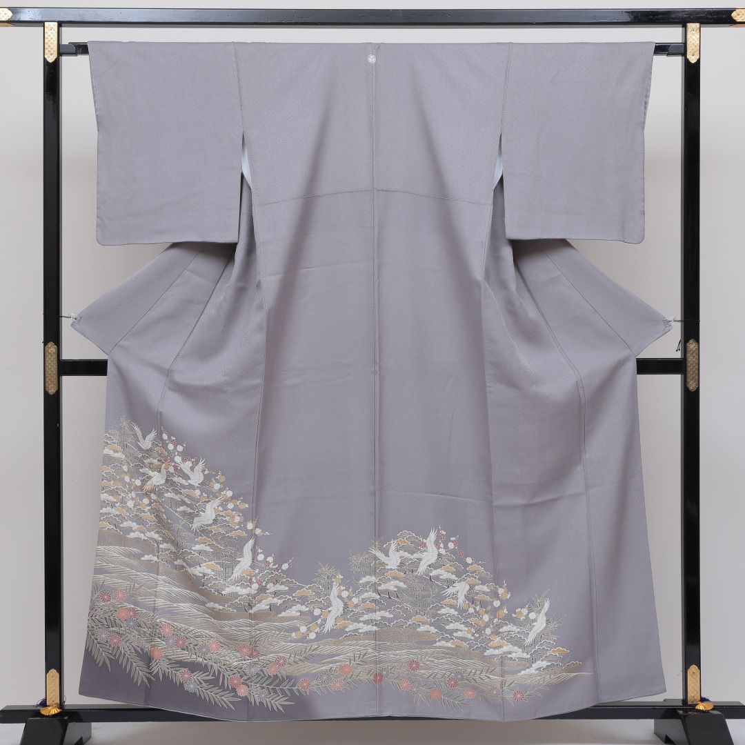色留袖 袷 身丈158cm 裄丈65cm 正絹 Aランク 一つ紋 (丸に片喰) セミフォーマル 広衿 Mサイズ 鶴 グレー系 RP 1214-06380