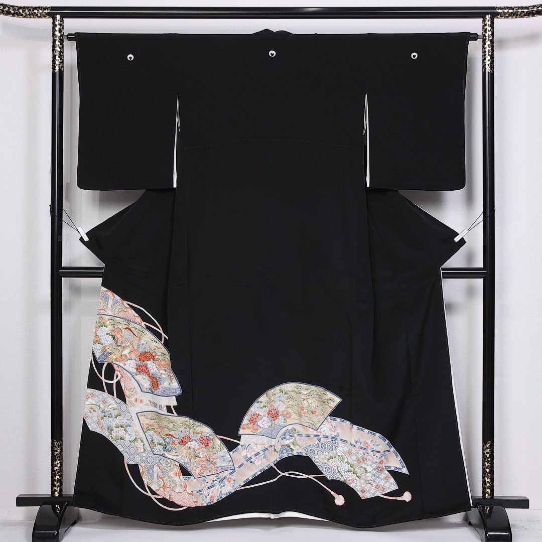 黒留袖 袷 身丈160cm 裄丈62cm 正絹 Sランク 五つ紋 (下り藤) フォーマル 広衿 Lサイズ 刺繍 比翼 雉 扇面文 黒系 RP 1213-06594 12,745円