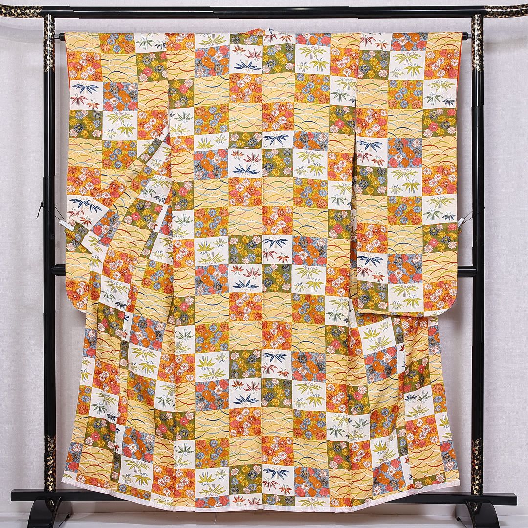 振袖 袷 身丈158cm 裄丈63cm 正絹 Bランク フォーマル 広衿 Mサイズ 市松 竹 芝草 黄系 RP 1215-06659 7,504円