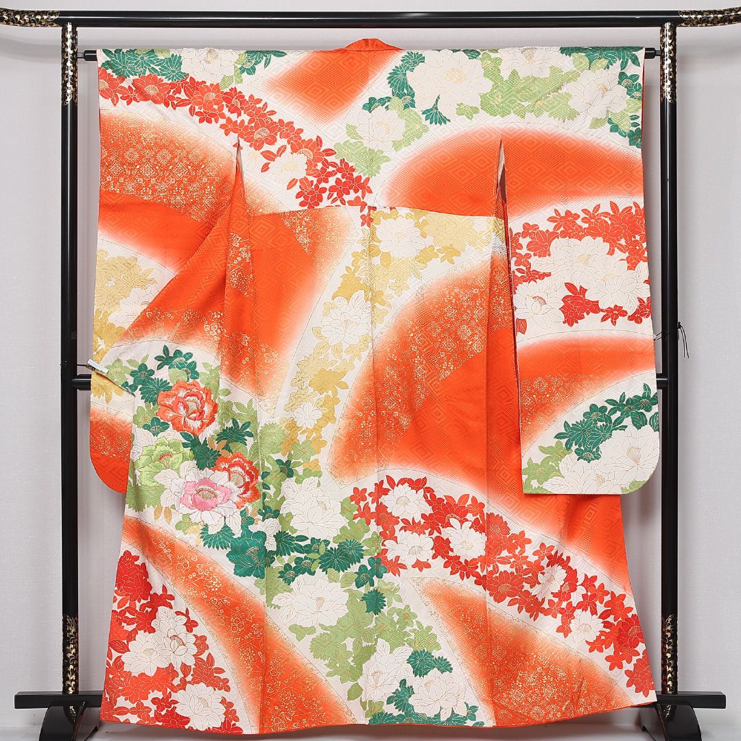 振袖 袷 身丈157cm 裄丈64cm 正絹 Sランク フォーマル 広衿 Mサイズ 刺繍 牡丹 朱系 RP 1215-06692 14,003円