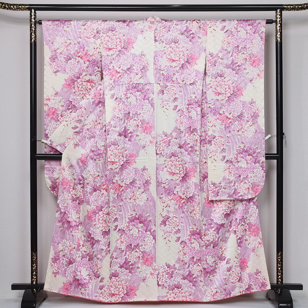 振袖 袷 身丈162cm 裄丈62cm 正絹 Aランク フォーマル 広衿 Lサイズ 牡丹 吉祥文様 紫系 RP 1215-06693