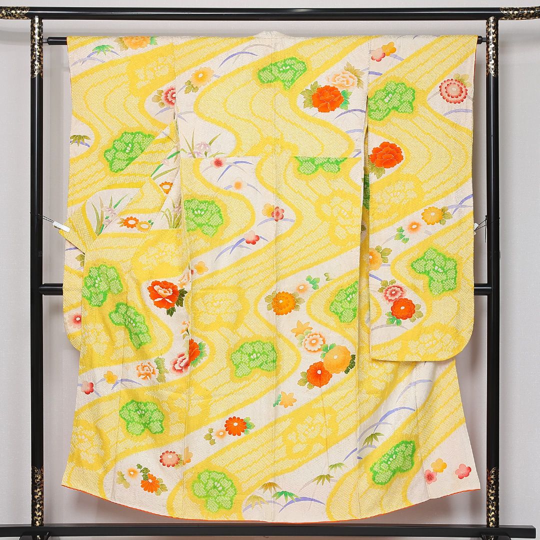 振袖 袷 身丈150cm 裄丈61cm 正絹 Cランク フォーマル 広衿 Sサイズ 流水 牡丹 吉祥文様 菖蒲 黄系 RP 1215-06697 7,118円
