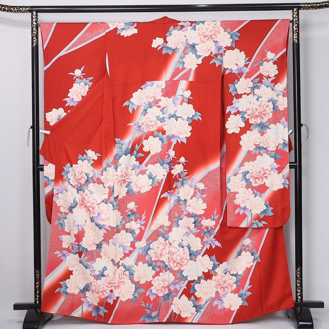 振袖 袷 身丈163cm 裄丈66cm 正絹 Aランク フォーマル 広衿 Lサイズ 牡丹 赤系 RP 1215-06716