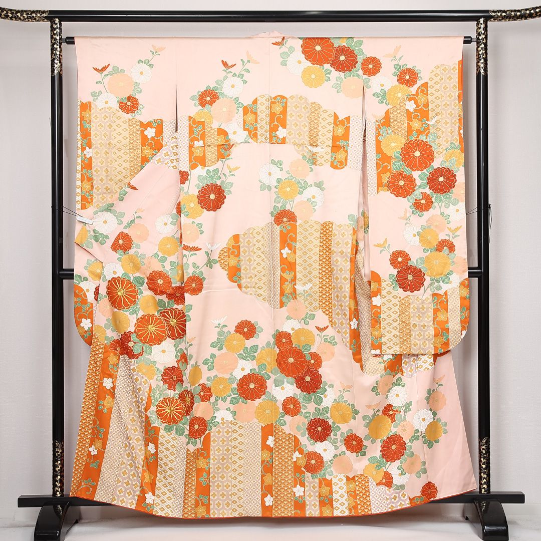 振袖 袷 身丈160cm 裄丈64cm 正絹 Cランク フォーマル 広衿 Lサイズ 裂取り 菊 クリーム系 RP 1215-06783