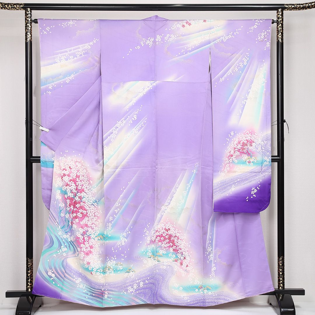 振袖 袷 身丈161cm 裄丈65cm 正絹 Bランク フォーマル 広衿 Lサイズ しつけ糸 流水 桜 吉祥文様 紫系 RP 1215-06790