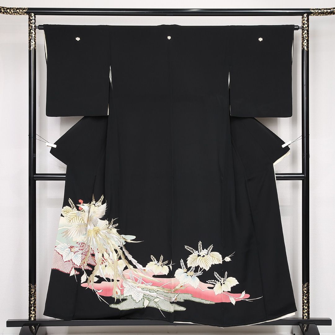 黒留袖 袷 身丈154cm 裄丈64cm 正絹 Bランク 五つ紋 (五三桐) フォーマル 広衿 Sサイズ 刺繍 比翼 鳳凰 桐 黒系 RP 1213-06793 7,882円