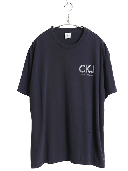 90s USA製 カルバンクライン ジーンズ ロゴ プリント 半袖 Tシャツ メンズ L 古着 オールド CK ワンポイント シンプル ヘビーウェイト 紺