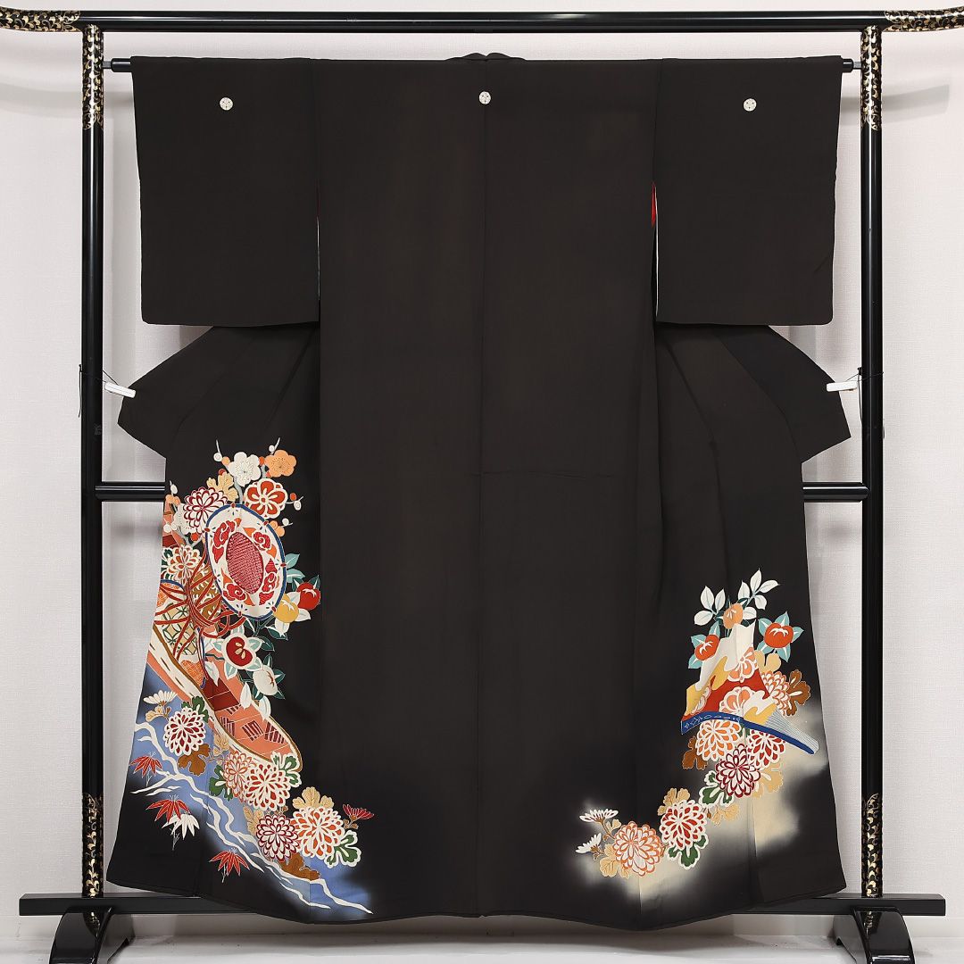 黒留袖 袷 身丈154cm 裄丈61cm 正絹 Dランク 五つ紋 (三つ割り桔梗) フォーマル 広衿 Sサイズ 唐織 刺繍 橘 吉祥文様 黒系 GP 1213-06825 8,162円