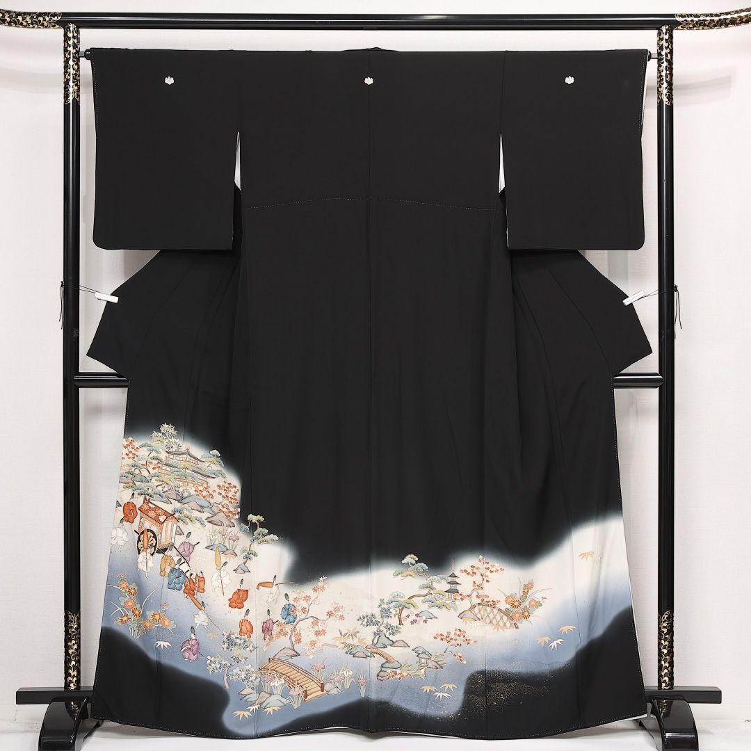 黒留袖 袷 身丈163cm 裄丈66cm 正絹 Sランク 五つ紋 (五三桐) フォーマル 広衿 Lサイズ 京友禅 比翼 人物 京洛百景 吉祥文様 黒系 M4 1213-06835