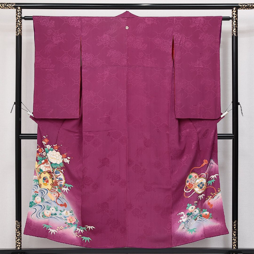 アンティーク 色留袖 (錦紗) 袷 身丈151cm 裄丈59cm 正絹 Aランク 一つ紋 (三つ割り橘) 紋意匠 (四君子) バチ衿 Sサイズ 鼓 紫系 M4 1214-06891