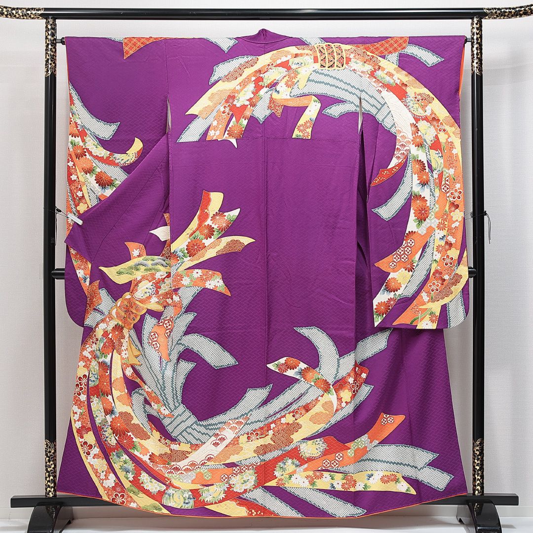 振袖 袷 身丈156cm 裄丈65cm 正絹 Sランク フォーマル 広衿 Mサイズ 金駒刺繍 吉祥文様 紫系 RP 1215-06892