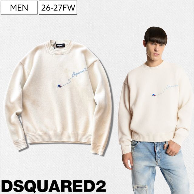 【定価158,400円(税込)】DSQUARED2 ディースクエアード 品格と遊び心で魅せる！大人の余裕とヌケ感漂うロゴ刺繍クルーネック ヴァージンウールニット ロングスリーブ 長袖 刺繍 ゲレンデ スキー スノボ セーター オフホワイト S71HA143